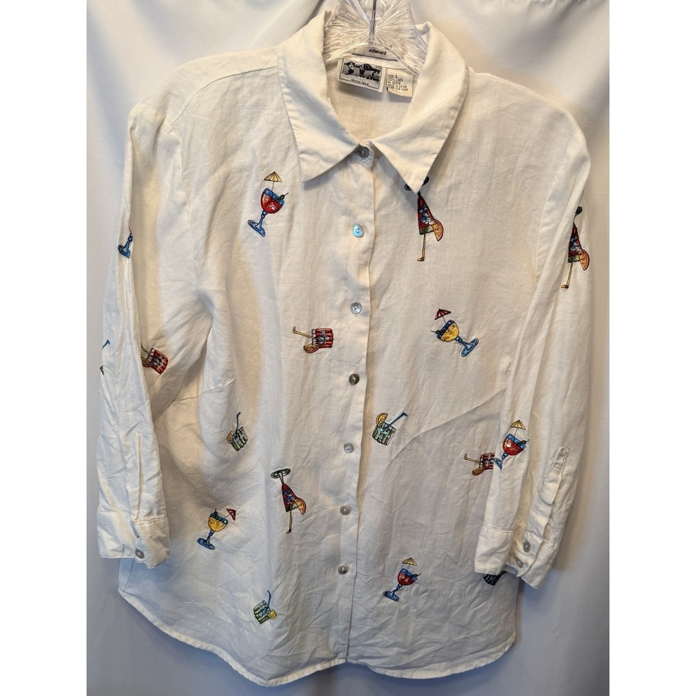 Edward Women's L White Irish 100% Linen Shirt 3/4 Sleeve Embroidered Cocktails